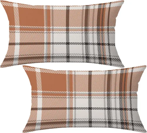 Vista 28 de AOFANGGO - Juego de 2 fundas de almohada de otoño decorativas de 16x16 pulgadas. Fundas de almohada de cuadros naranja y gris, cojines de lino
