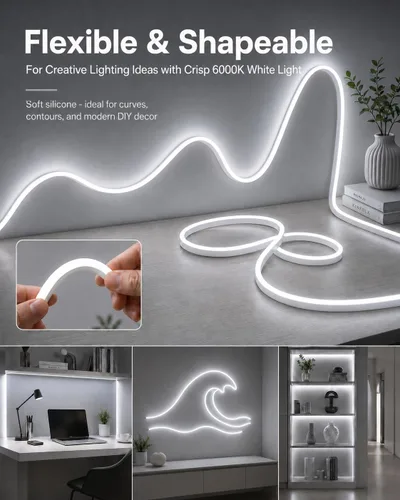 Vista 4 de Tiras de luces LED de neón, tiras de luces LED regulables de blanco frío, 16.4 pies/5m de luces LED de neón flexibles impermeables, tiras de luces