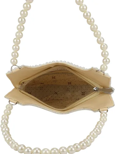 Vista 4 de Bolso de mano de perlas de estilo indio, bolso de mano de noche para mujeres y niñas, Blanco sucio