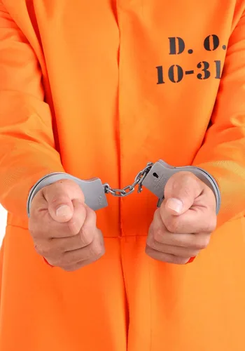 Vista 3 de Disfraz clásico de prisionero para hombres adultos con mono y esposas falsas