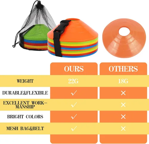 Vista 6 de Paquete de 15/25/30/50 conos de fútbol con bolsa de malla y correa-conos de fútbol para entrenamiento deportivo, fútbol, baloncesto, ejercicios