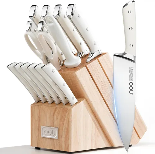 Vista 11 de OOU Juego de cuchillos de cocina 2025 con bloque, juego de cuchillos de acero inoxidable alemán de 15 piezas con varilla de afilar, mango de madera