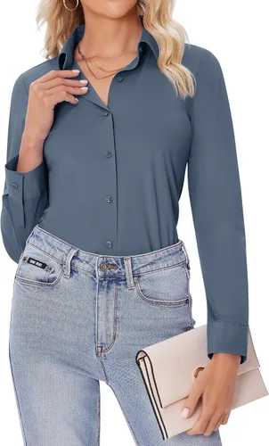 Vista 10 de siliteelon Camisas con botones para mujer, ajustadas, de manga larga, elásticas, de vestir, camisas de trabajo, sin arrugas, blusas de oficina