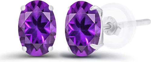 Vista 21 de Aretes ovalados de plata de ley 925 maciza chapados en oro de 0.236 x 0.157 pulgadas con piedra natal genuina para mujer Aretes de tuerca Amatista