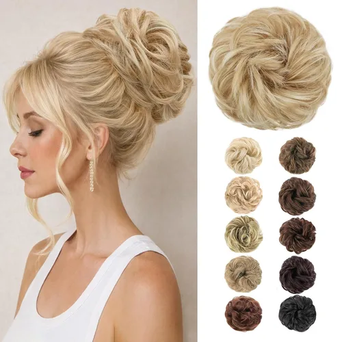 Vista 41 de MORICA Moño desordenado, extensiones de moño sintético para mujeres (rubio beige ceniza)