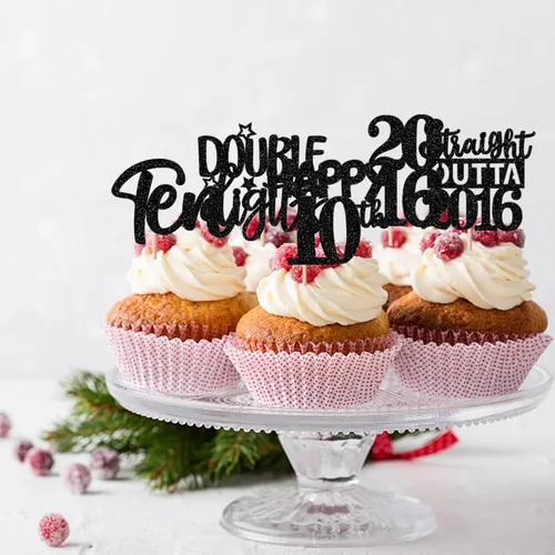 Vista 6 de 30 piezas negras para cupcakes de 10.º cumpleaños con purpurina Ten Happy 10 Straight Outta 2016 para saludos a 10 años 10 cumpleaños, boda Negro