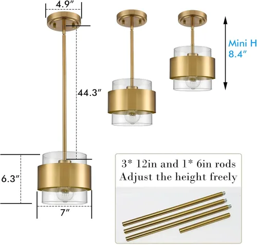 Vista 6 de CLAXY - Lámpara colgante de cocina dorada con pantalla cilíndrica transparente Straight Gold Rod Small Hanging Light for Kitchen Sink/Bar Dining
