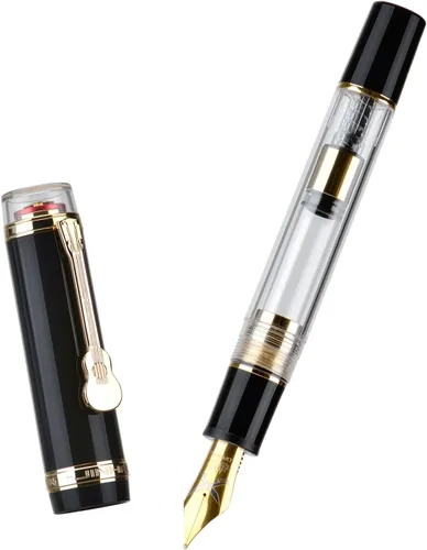 Vista 3 de Jinhao Tiandao 1935 Pluma estilográfica media #8 con punta espada, acrílico negro y transparente con gran convertidor y clip de guitarra