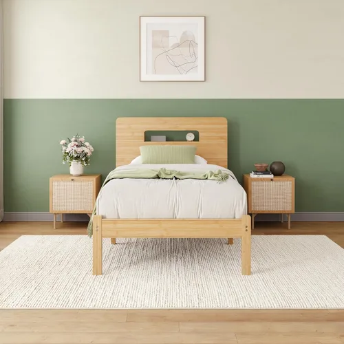Vista 8 de ZIYOO Marco de cama de madera de bambú maciza tamaño individual con cabecera de almacenamiento, marco de cama plataforma de 14 pulgadas