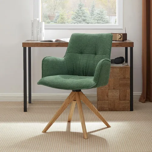 Vista 16 de Zouron Silla de escritorio giratoria sin ruedas, silla de oficina tapizada con patas de madera de roble, sillón moderno para espacios pequeños