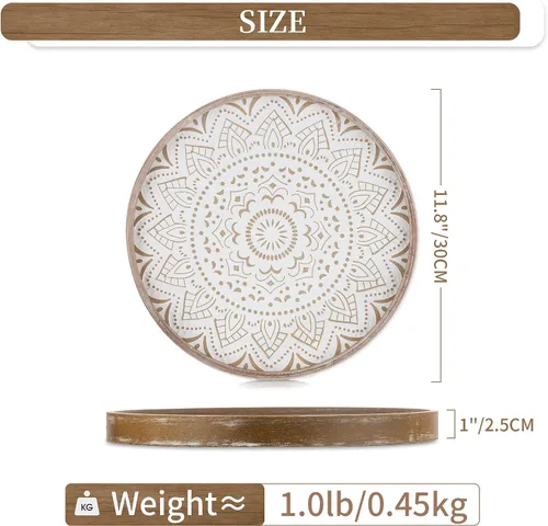 Vista 5 de Hanobe Bandeja Decorativa para Mesa de Café: Bandejas Redondas de Madera para Decoración Bohemia del Hogar, Centro de Mesa Rústico de Granja de 12