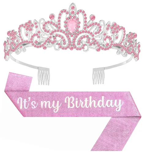 Vista 16 de Tiara de cumpleaños y corona con banda, tiara de cumpleaños para fiesta de mujeres (rosa)