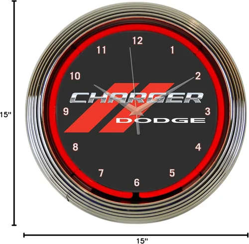 Vista 3 de Dodge Charger - Reloj de neón rojo de 15 pulgadas de diámetro con borde cromado y neón rojo - 8CRGCK