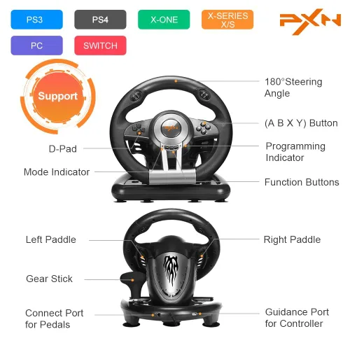 Vista 3 de PXN PC Racing Wheel, V3II 180 Degree Universal USB Car Sim Game Steering Wheel with Pedals for Xbox One, Xbox Series SX PS3, PS4, Switch
