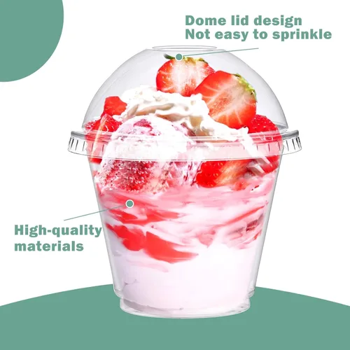 Vista 4 de 50 vasos de plástico transparente de 9 onzas con tapas de cúpula, tazas de postre, tazas de frutas con tapas, tazas transparentes de fiesta