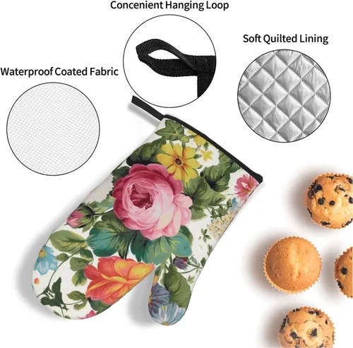 Vista 3 de Juego de guantes de horno y soportes para ollas con estampado floral de jardín, resistentes al calor, antideslizantes, guantes de cocina, 4