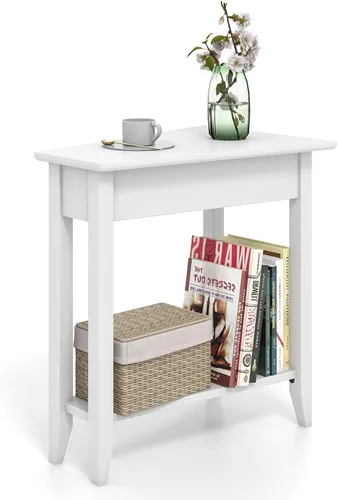 Vista 13 de GOFLAME Mesa auxiliar de cuña de 2 niveles, mesa auxiliar triangular estrecha con estante de almacenamiento, patas de madera maciza, mesita