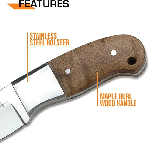 Vista 6 de Elk Ridge 111 Series Outdoors Fixed Blade Knife - 5-in Overall, 440 Stainless Steel Mirror Polished Blade, Burl Wood Handle, Leather Sheath
