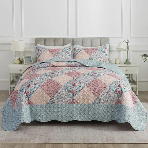 Vista 47 de Juego de cama de dos piezas, tamaño individual, de microfibra, reversible, de retazos, estilo floral, todas las estaciones, patrón de porcelana azul