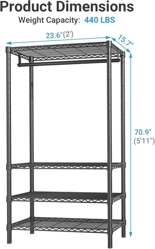 Vista 6 de VIPEK V1 - Perchero portátil mediano con capacidad de carga de 440 libras, estante resistente para ropa con 4 estantes ajustables y barra para Negro