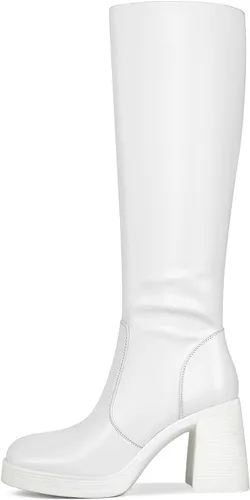 Vista 2 de SOVANYOU Botas de cuero negro con plataforma para mujer, botas de tacón grueso con punta cuadrada