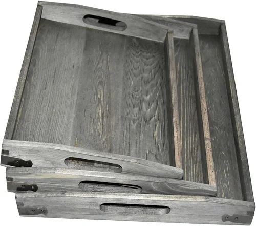 Vista 4 de Owlgift Bandejas de madera gris vintage con detalles de metal de latón, juego de 3