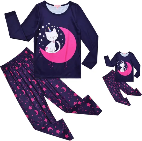 Vista 36 de QPANCY Conjunto de pijamas a juego para niñas y muñecas, pijamas de manga larga para otoño e invierno