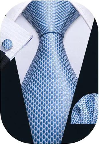 Vista 170 de Barry.Wang Juego de corbatas a cuadros para hombre con pañuelo gemelos de rayas clásicas