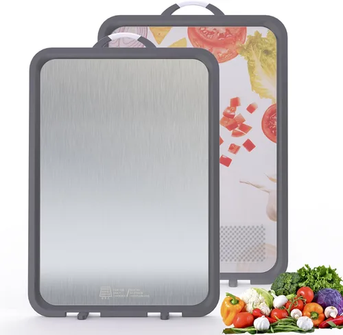 Vista 9 de Tabla de cortar de titanio, tablas de cortar de titanio para cocina, tabla de cortar de acero inoxidable de doble cara, duradera, no tóxica