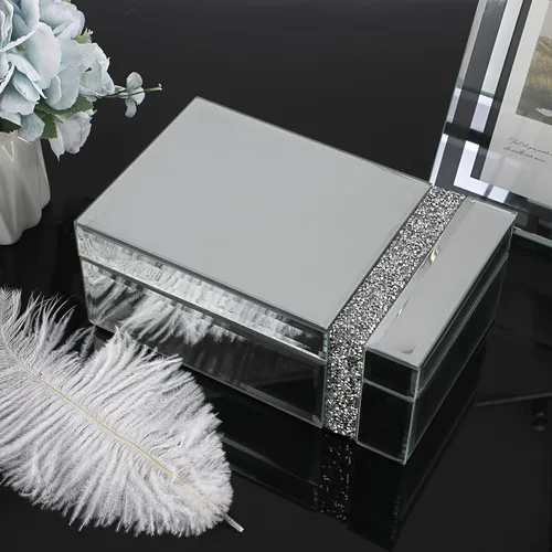 Vista 2 de Hipiwe Joyero de cristal con diamantes de imitación organizador de baratijas con espejo plateado caja decorativa de almacenamiento para mujeres