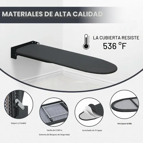 Vista 5 de Tabla de planchar para montar en la pared, compacta que ahorra espacio, tabla de hierro plegable para cuarto de lavado, 36 x 12 pulgadas, color negro