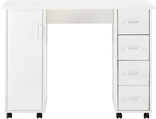 Vista 9 de Escritorio de manicura de uñas para técnico, estación de mesa de uñas de spa de salón de madera con gabinete, cajones, ruedas controlables (negro)
