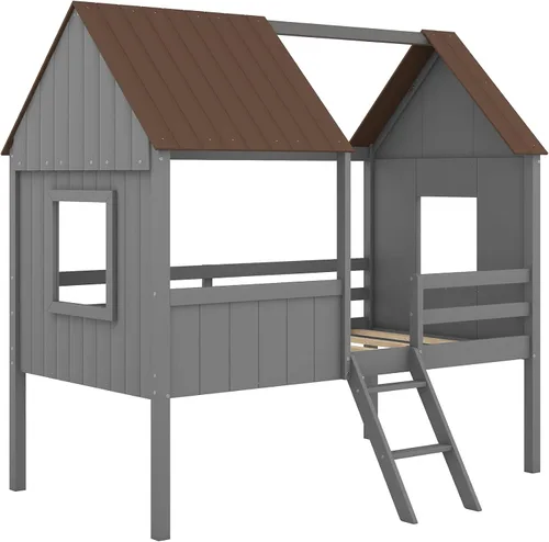 Vista 5 de Quarte Fun House - Cama con techo y dos ventanas laterales, cama baja de madera tamaño individual con escaleras pequeñas y barandilla, para niños