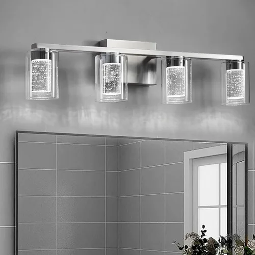 Vista 9 de SADENICEL Accesorios de iluminación de baño de 4 luces, níquel cepillado, LED regulable blanco/neutro/cálido, luces de tocador de baño de cristal