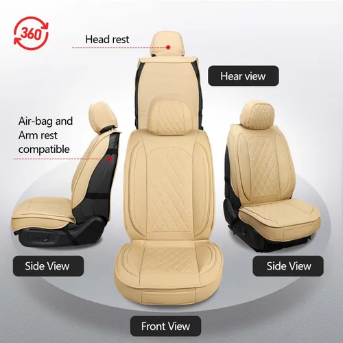 Vista 6 de MIROZO - Fundas de asiento delantero, fundas de cuero para asiento de automóvil, fundas transpirables para asiento de automóvil, protector de Beige