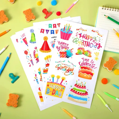 Vista 3 de Containlol 6 hojas de calcomanías de feliz cumpleaños para niños, niñas y adultos, tarjetas adhesivas para álbumes de recortes, calcomanías