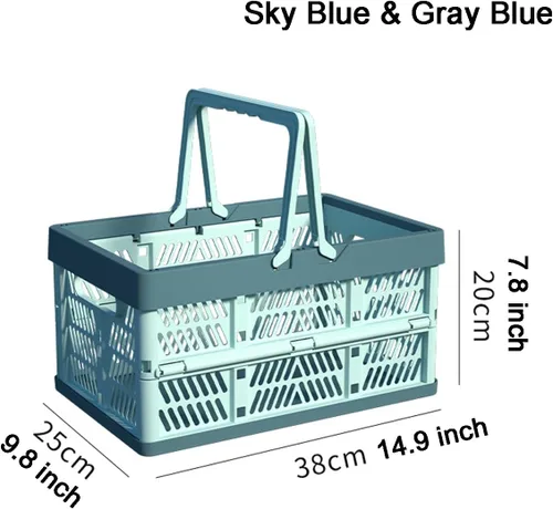 Vista 2 de Cajón de almacenamiento de plástico, cesta de almacenamiento plegable apilable de 20 litros, azul cielo y azul gris, M
