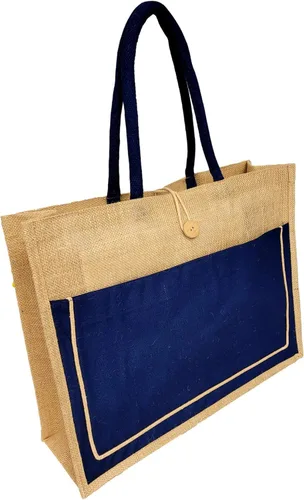 Vista 6 de SONA G DESIGNS Yute de estilo vintage con bolsillo de algodón negro reutilizable bolsa de compras grande Natural: sin bordado