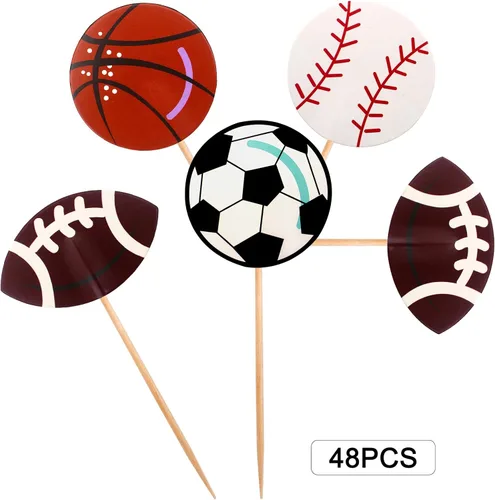 Vista 3 de BLUE TOP 48 piezas Toppers de Cupcakes de Pelotas Deportivas de Dos Lados Temática Deportiva Picks de Cupcakes Decoración de Fiesta Fútbol Béisbol