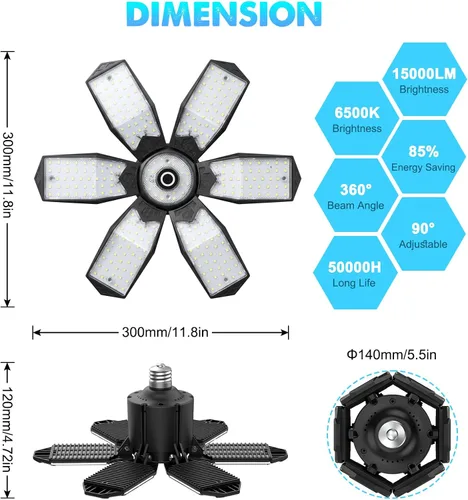 Vista 4 de Bombilla LED para garaje AYSEMO de 15000 lm - Luces LED de techo ajustables en 360° con 6+1 paneles deformables, 6500 K de luz diurna, base