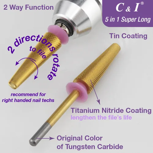 Vista 4 de C&I - Broca de uñas 5 en 1, súper larga, delgada, Efile, broca profesional para uñas de extensión, polvo acrílico, gel duro, removedor de cutículas