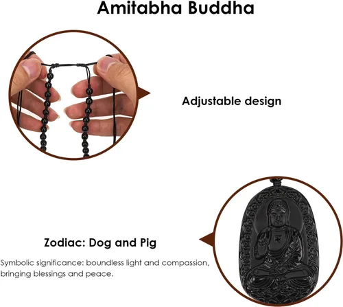 Vista 5 de Obsidian Guardian Buddha Amulet - Zodiac Feng Shui Necklace, symbolizing wisdom and wealth