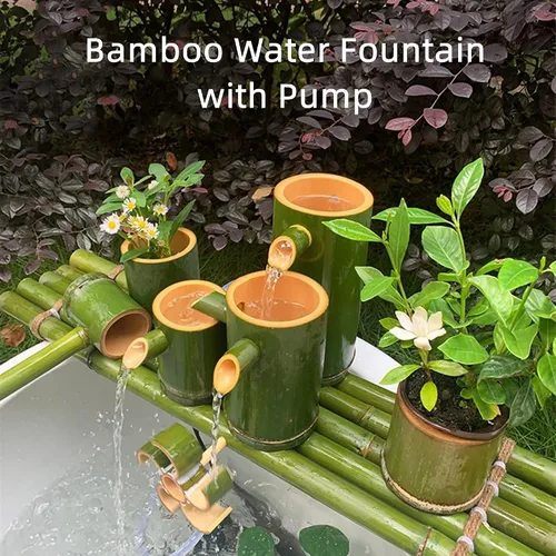 Vista 3 de Fuente de agua de bambú, fuente de jardín al aire libre, dirección de flujo de agua múltiple, sistema de circulación de agua, para estanque