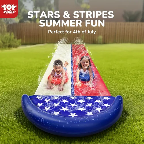 Vista 8 de TOY Life Toboganes acuáticos gigantes de bandera estadounidense para niños, tobogán acuático de 20 pies, patio trasero con 2 tablas de bodyboard, 2
