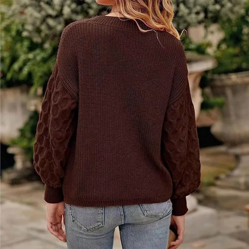 Vista 5 de Suéter de cuello redondo para mujer, manga larga de murciélago, bloque de color, 2023, suéter de punto acanalado holgado
