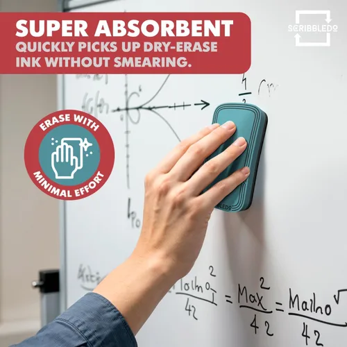 Vista 6 de SCRIBBLEDO Magnetic Whiteboard Dry Erase Erasers 2 Pc, 2x4 Inch Eraser Set with Washable Soft Felt Pads, Comfortable Foam Grip Tops and Strong Dual