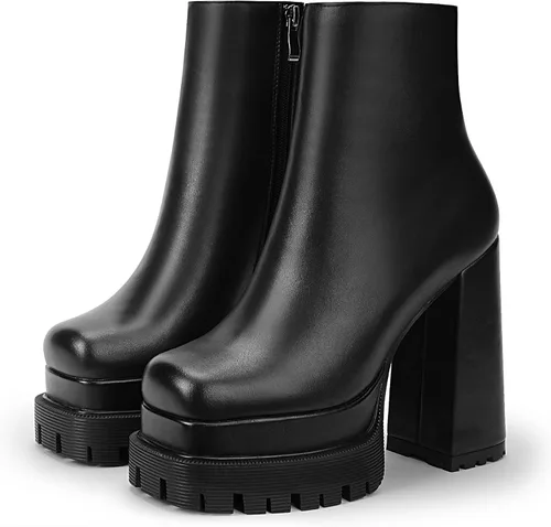 Vista 3 de WETKISS Botas de plataforma para mujer, con plataforma atrevida, tacón grueso, punta cuadrada y zíper lateral