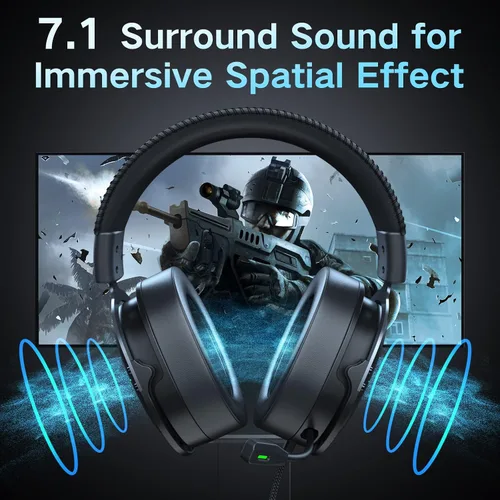 Vista 2 de Jeecoo J75 - Auriculares USB para juegos para PC, sonido envolvente 7.1, micrófono transparente retráctil, almohadillas de espuma viscoelástica