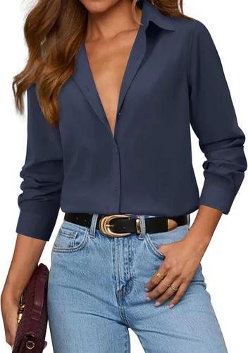 Vista 22 de siliteelon Camisas con botones para mujer, camisa de vestir de algodón de manga larga con cuello, camisa de negocios, trabajo, oficina, blusa