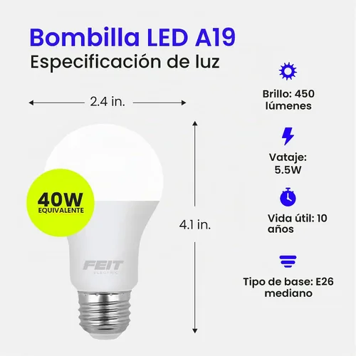 Vista 2 de Feit Electric Bombillas LED A19, equivalente a 40 W, no regulables, 450 lúmenes, base estándar E26, blanco suave de 2700 K, 80 CRI, vida útil de 10